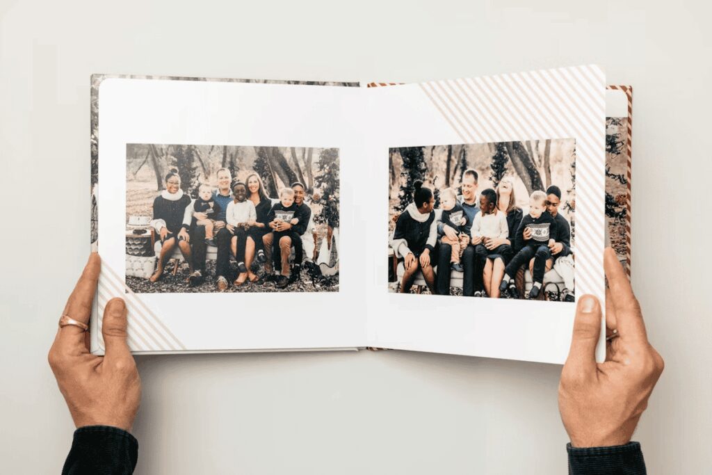 Heirloom layflat album featuring family portrait photography